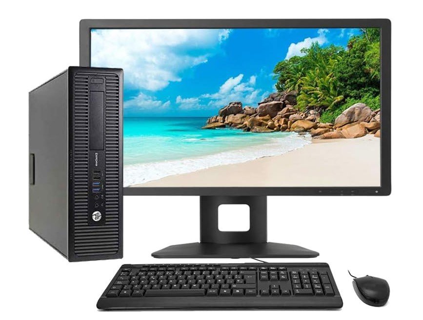 PC barato reacondicionado HP EliteDesk 800 G1 con monitor de 23 pulgadas para aprender ciberseguridad y prácticas de hacking