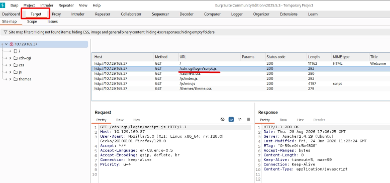 Navegando por la web con Burp interceptando descubrimos la url para login