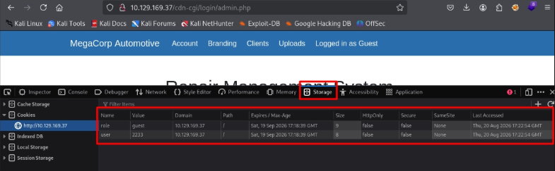 Cookies de sesión almacenadas - dev tools