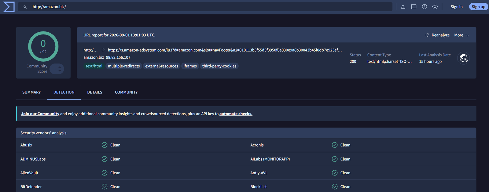 Análisis de la URL en VirusTotal